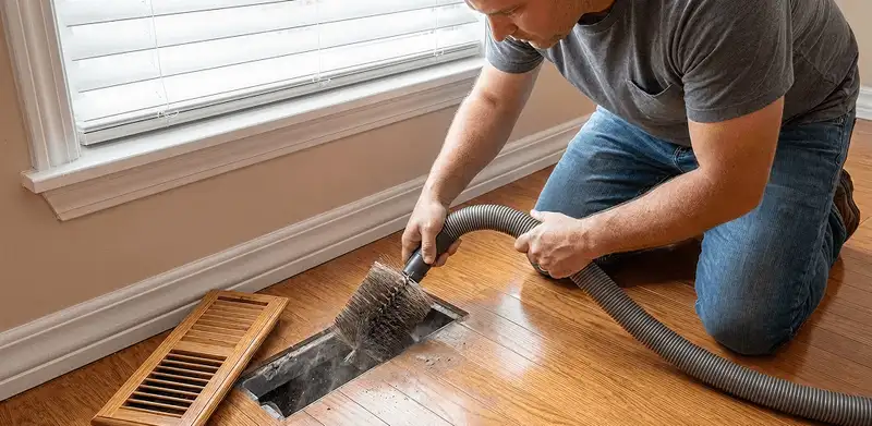 Air duct cleaning technician vacuuming a floor vent and duct opening in Reno, NV
