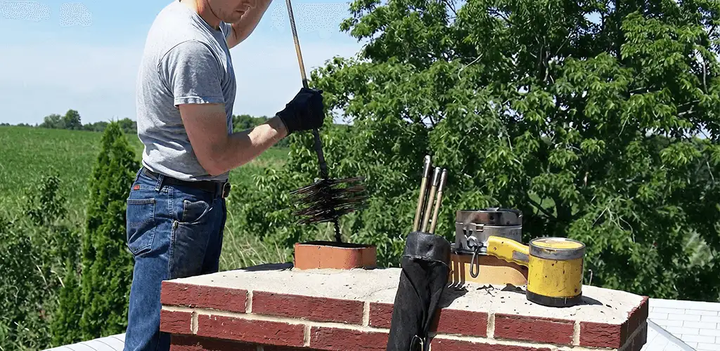 Chimney cleaning technician working on a rooftop chimney with professional tools in Reno, NV