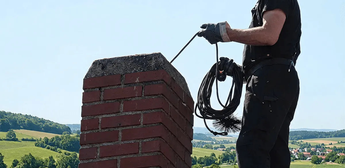 Chimney sweep inspecting and cleaning a rooftop chimney in Reno, NV