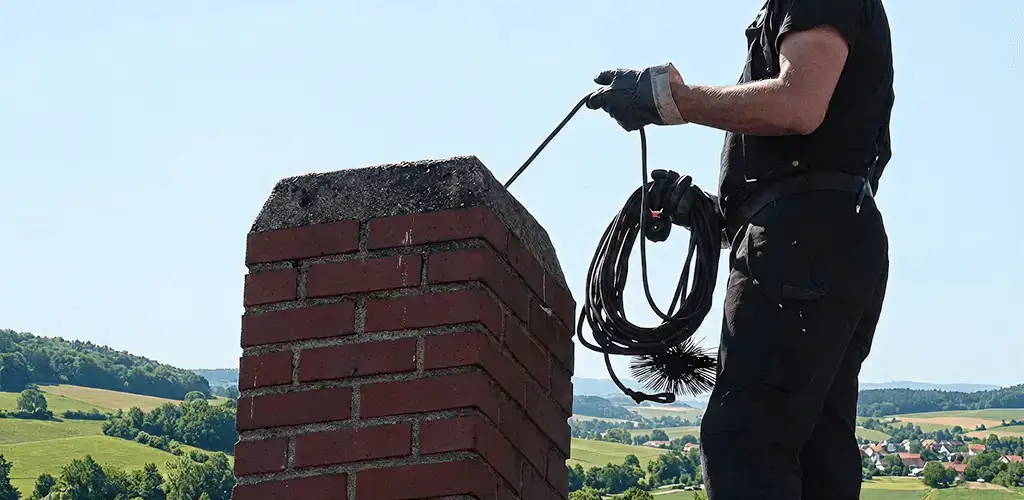 Chimney sweep inspecting and cleaning a rooftop chimney in Reno, NV