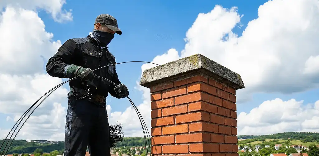 Chimney sweep cleaning a brick chimney with professional tools in Reno, NV
