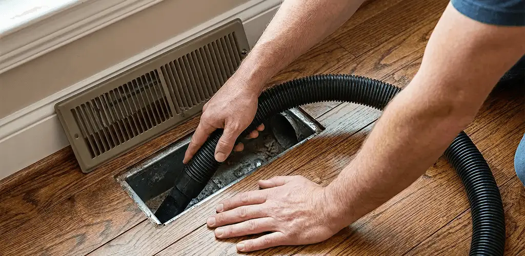 Air duct cleaning technician vacuuming a floor register and duct opening in Reno, NV