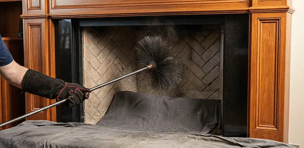 Chimney cleaning service brushing soot from a fireplace and flue in Reno, NV