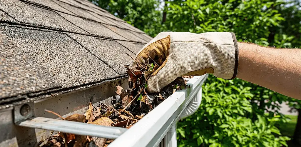 Gutter cleaning removing leaves and debris from roof gutters in Reno, NV