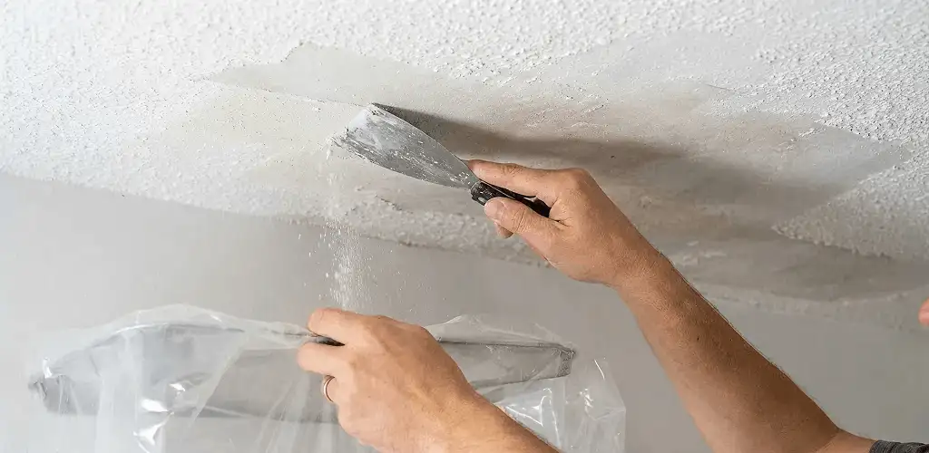 Popcorn ceiling removal technician scraping texture from a ceiling in Reno, NV