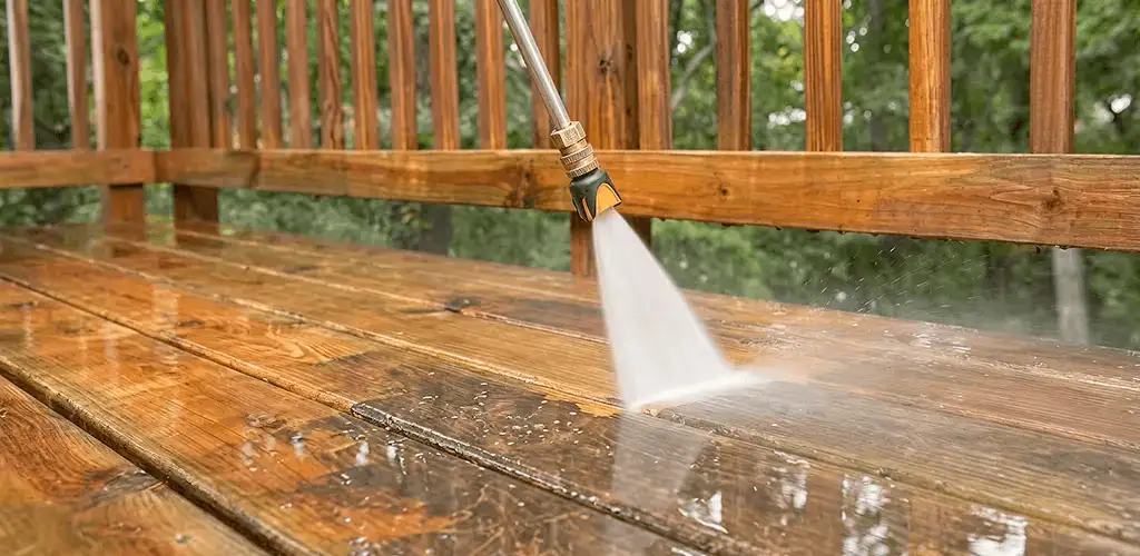Pressure washing a wood deck to remove dirt and buildup in Reno, NV