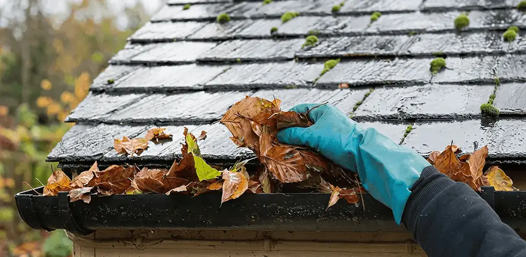 Gutter cleaning technician clearing wet leaves from roof gutters in Reno, NV