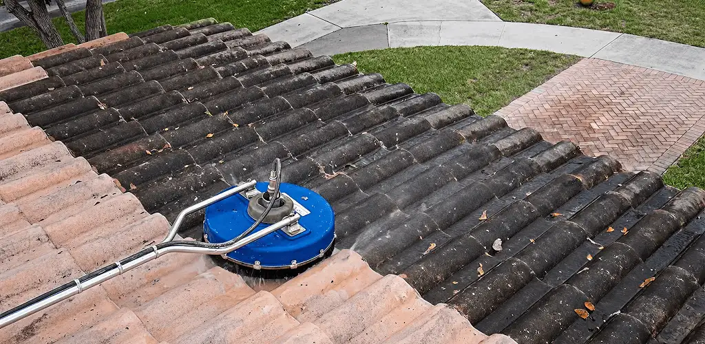 Roof pressure cleaning removing debris and buildup from roof tiles in Reno, NV