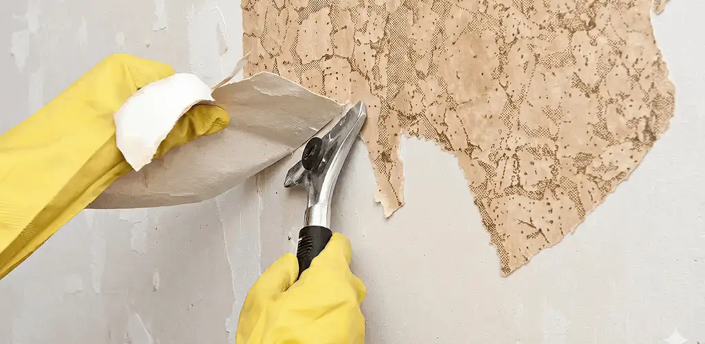 Wallpaper removal service stripping old wallpaper from a wall in Reno, NV