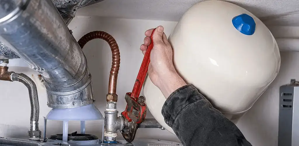 Water heater repair technician tightening plumbing connections near a tank unit in Reno, NV